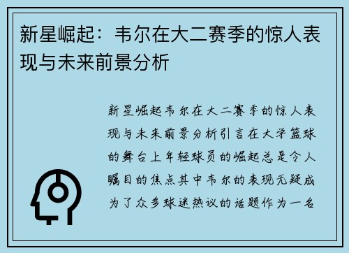 新星崛起：韦尔在大二赛季的惊人表现与未来前景分析