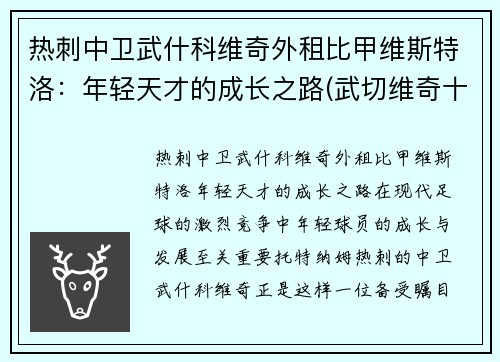 热刺中卫武什科维奇外租比甲维斯特洛：年轻天才的成长之路(武切维奇十佳球)