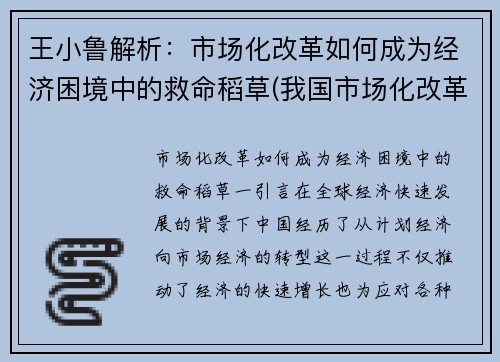 王小鲁解析：市场化改革如何成为经济困境中的救命稻草(我国市场化改革主要经验)