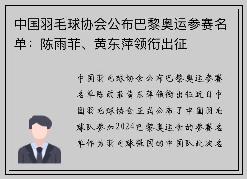 中国羽毛球协会公布巴黎奥运参赛名单：陈雨菲、黄东萍领衔出征