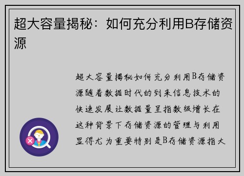 超大容量揭秘：如何充分利用B存储资源