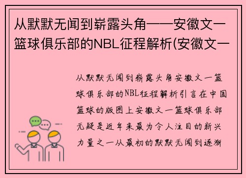 从默默无闻到崭露头角——安徽文一篮球俱乐部的NBL征程解析(安徽文一篮球队队员名单)