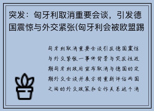 突发：匈牙利取消重要会谈，引发德国震惊与外交紧张(匈牙利会被欧盟踢出吗)